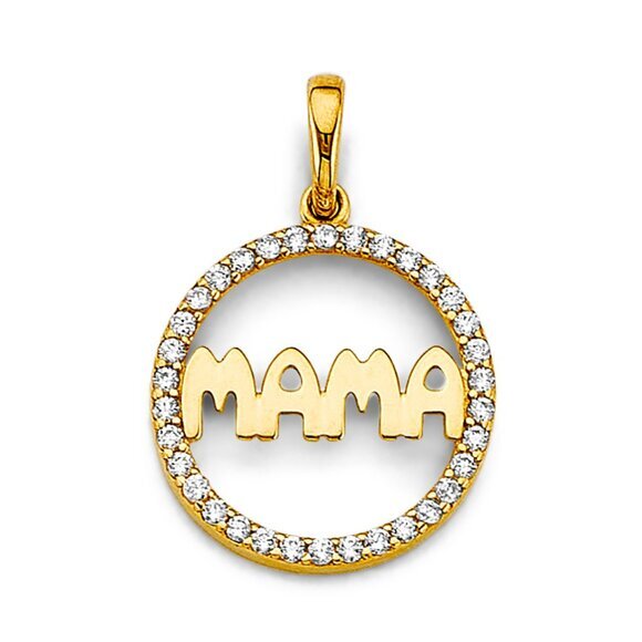 New Real 14K Yellow gold CZ Round Mama Pendant